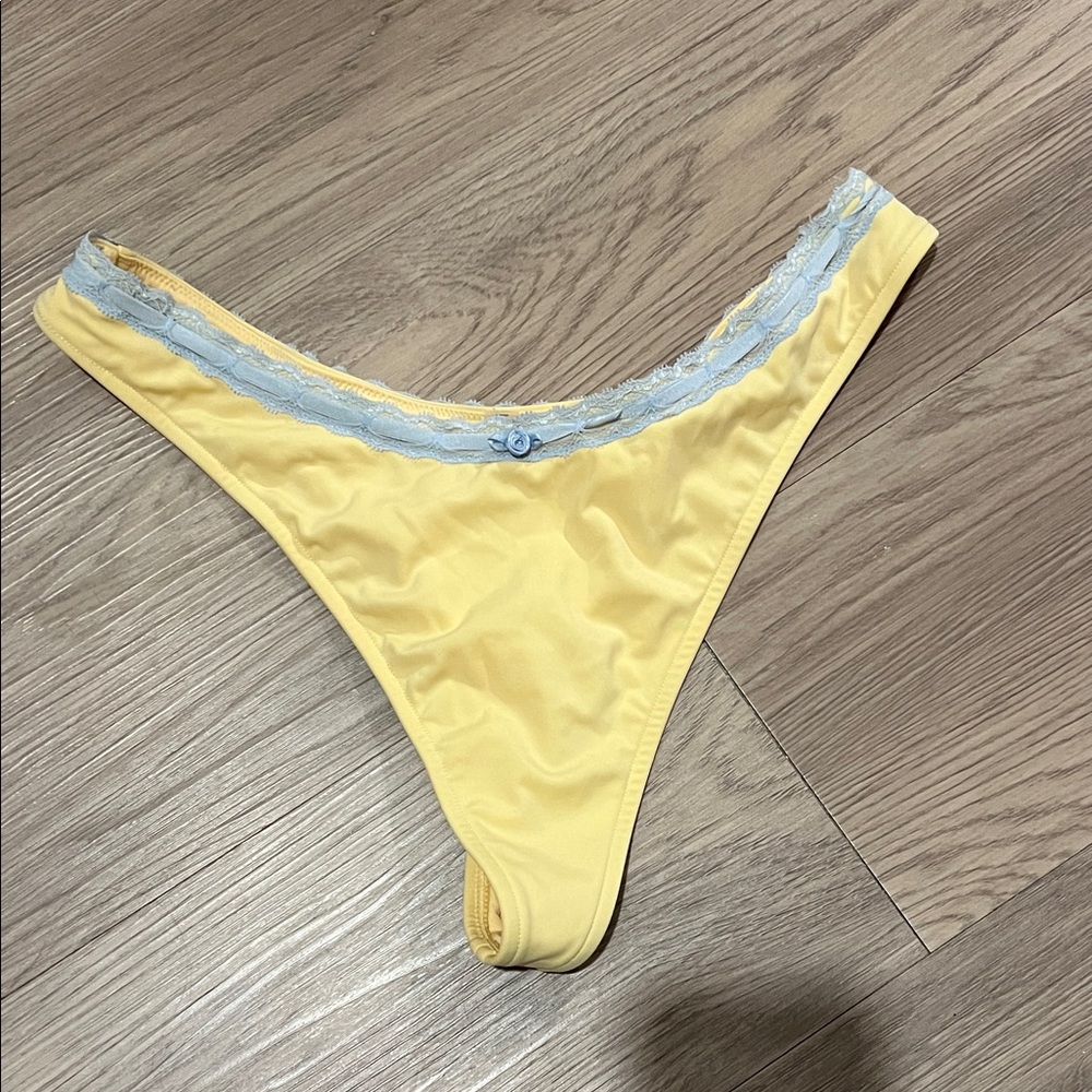 Yellow Thong bathing suit with Blue Lace Trim